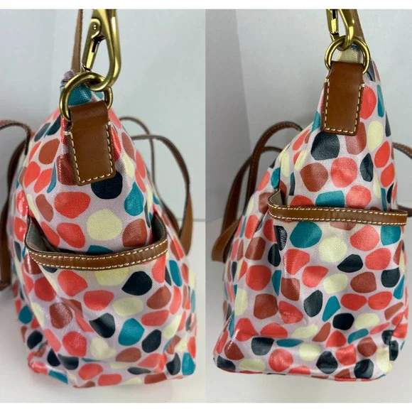 *Flawed Fossil Multicolor Geo Dot Print Coated Satchel Tote Bag Zip Top w/ Strap - Picture 10 of 16